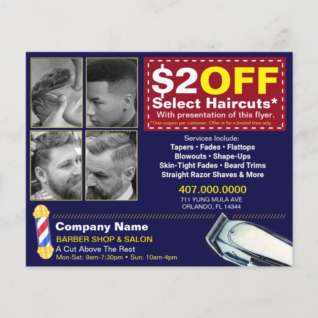 Barber Shop & Salon Customisable Coupon Template Flyer (Front)