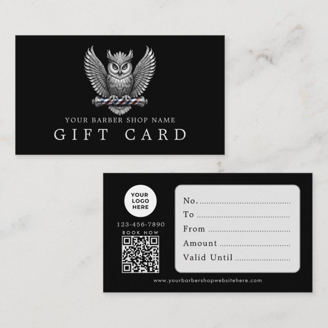 Barber Shop Silver Owl Logo Qr Code Gift Card (Front/Back)