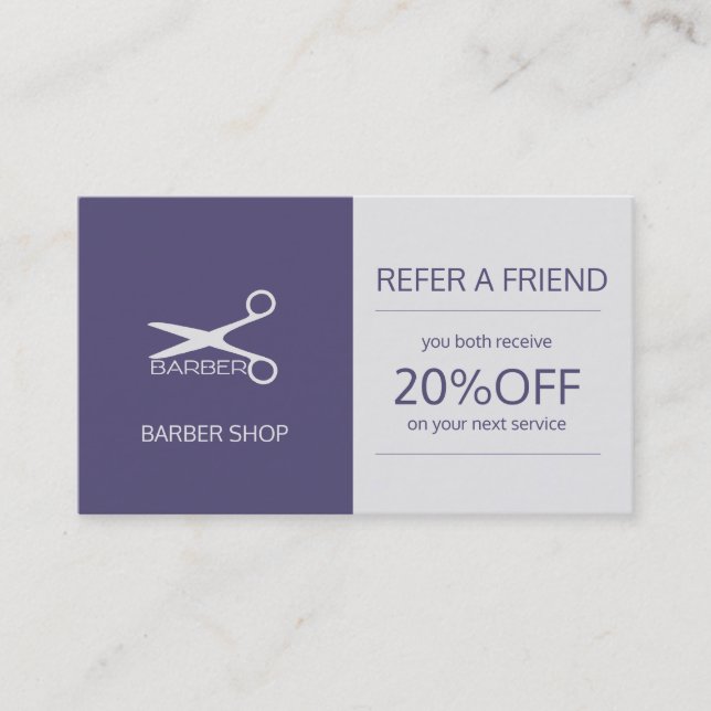 Barber shop simple navy grey refer a friend referral card (Front)