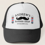 Barber shop trucker hat and moustache logo<br><div class="desc">Barber shop trucker hat and moustache logo. Vintage classic red and blue barber stripe pole drawing for men's hair salon. Stylish company logo for hair stylist. Make your own vintage barbershop caps for boss,  coworker,  employee,  colleague etc.</div>