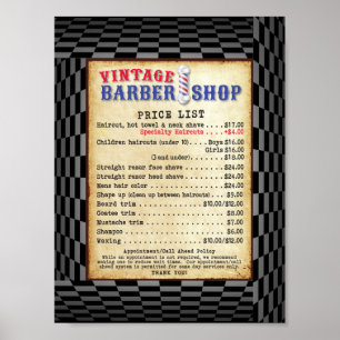 Barber Shop Vintage Price List Poster