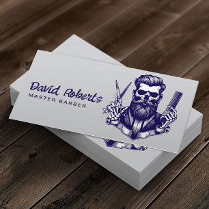Barber Skull Barbershop Navy Blue Hair Stylist Business Card