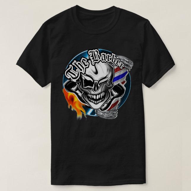 Barber Skull with Flaming Razor T-Shirt (Design Front)
