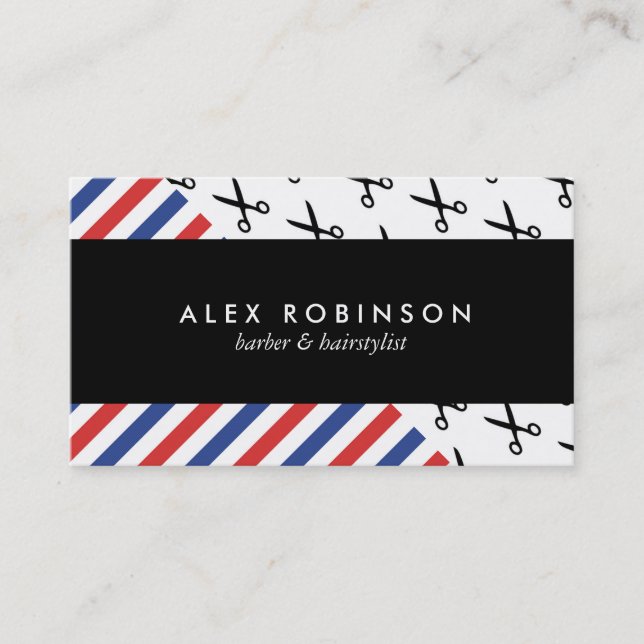 Barber stripes and scissors hair business card (Front)