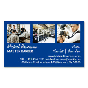 Barber Three Photo Simple Minimalist navy Magnetic Business Card