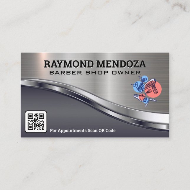 Barber Tools | QR Code | Metallic  Business Card (Front)