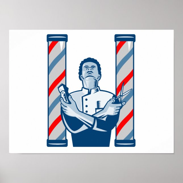 Barber With Pole Hair Clipper and Scissors Retro Poster (Front)