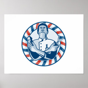 Barber With Pole Hair Clipper and Scissors Retro Poster