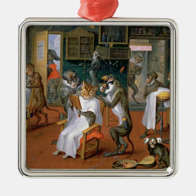 Barber's shop with Monkeys and Cats Metal Tree Decoration (Front)