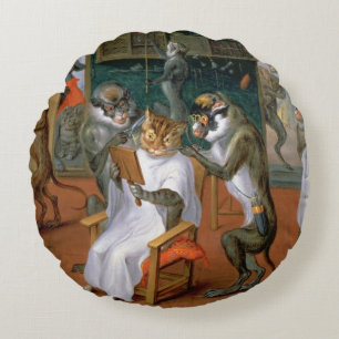 Barber's shop with Monkeys and Cats Round Cushion