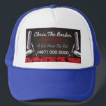 Barbershop Barber pole and clippers Trucker Hat<br><div class="desc">This is a CUSTOMIZABLE barber/barbershop trucker hat design. The design is represented by barbershop colours of blue and red. All artwork was created and illustrated by Dale Arthur of whizcreations.net.</div>