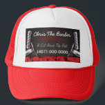 Barbershop Barber pole and clippers Trucker Hat<br><div class="desc">This is a CUSTOMIZABLE barber/barbershop trucker hat design. The design is represented by barbershop colours of blue and red. All artwork was created and illustrated by Dale Arthur of whizcreations.net.</div>