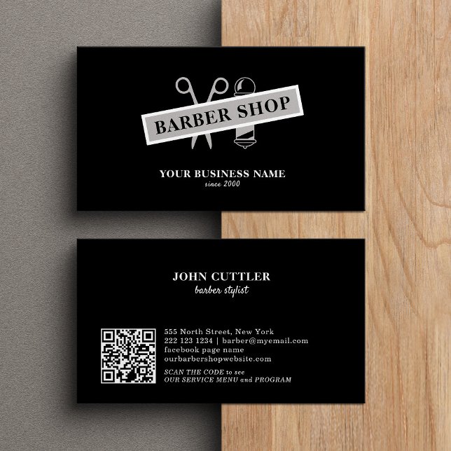 Barbershop barber QR code pole scissor black  Business Card (Creator Uploaded)