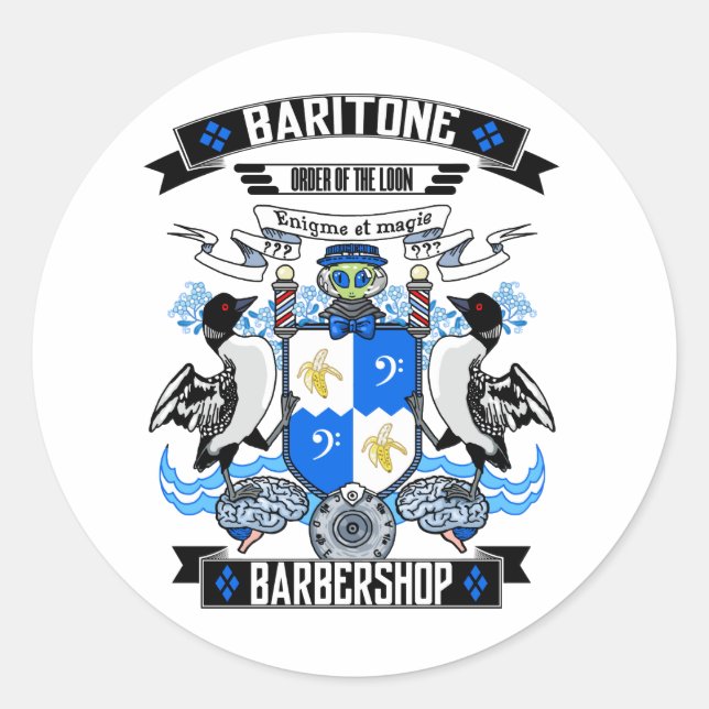 Barbershop Baritone Coat of Arms Classic Round Sticker (Front)