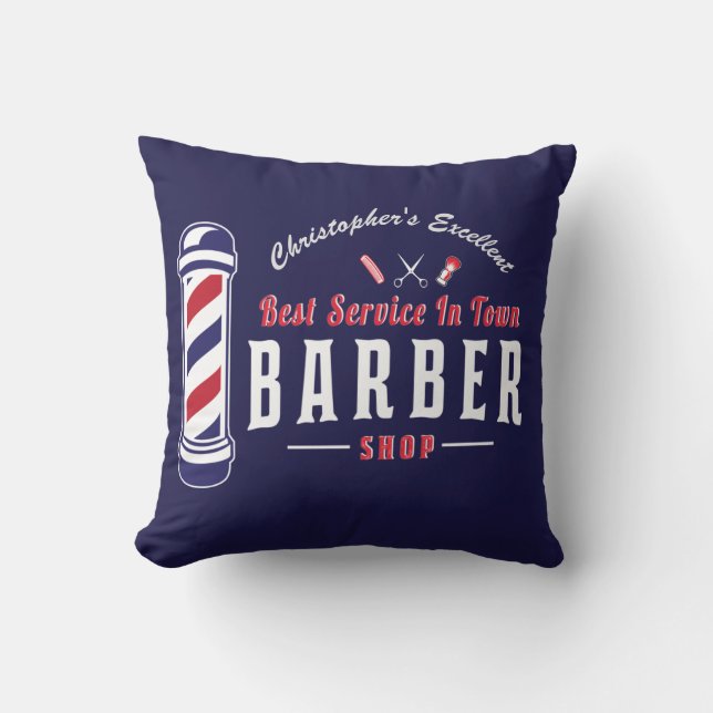 Barbershop Best Stylist Barber Blue Monogram Cushion (Front)
