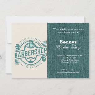 Barbershop blue jeans texture open day invitation