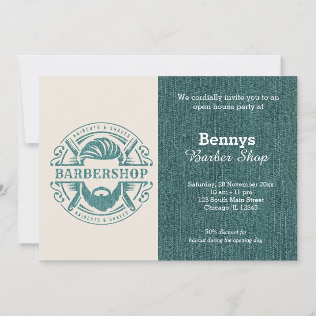 Barbershop blue jeans texture open day invitation (Front)