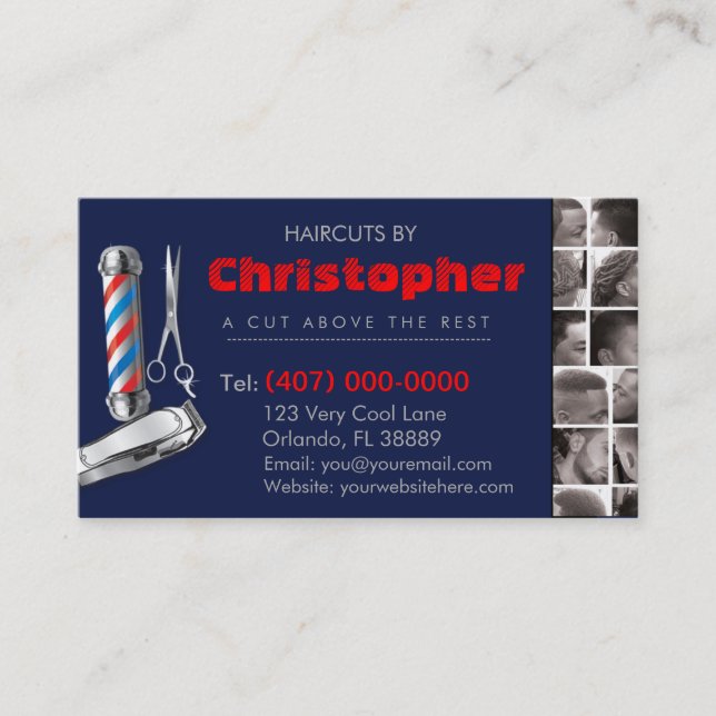 Barbershop Business Card-Barber pole, clippers com Business Card (Front)