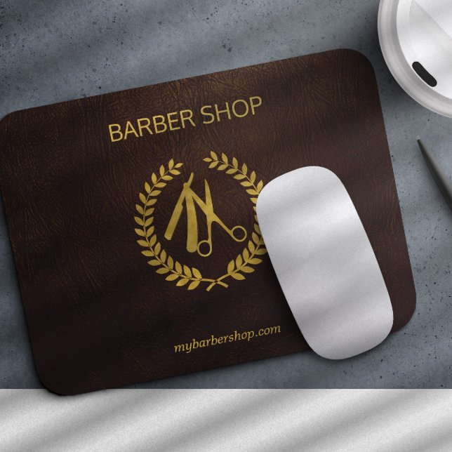 Barbershop logo and name personalised brown gold mouse pad (The leather is PRINTED, NO REAL LEATHER TEXTURE)