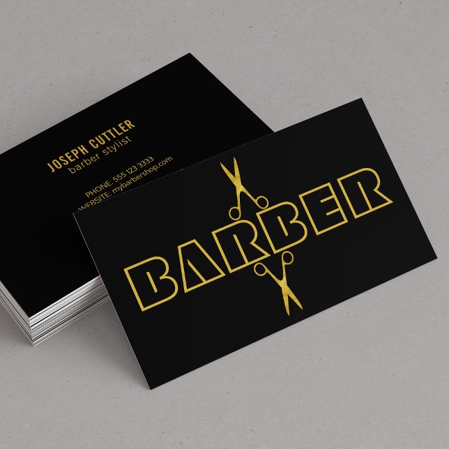 Barbershop modern gold scissors black business card (Creator Uploaded)