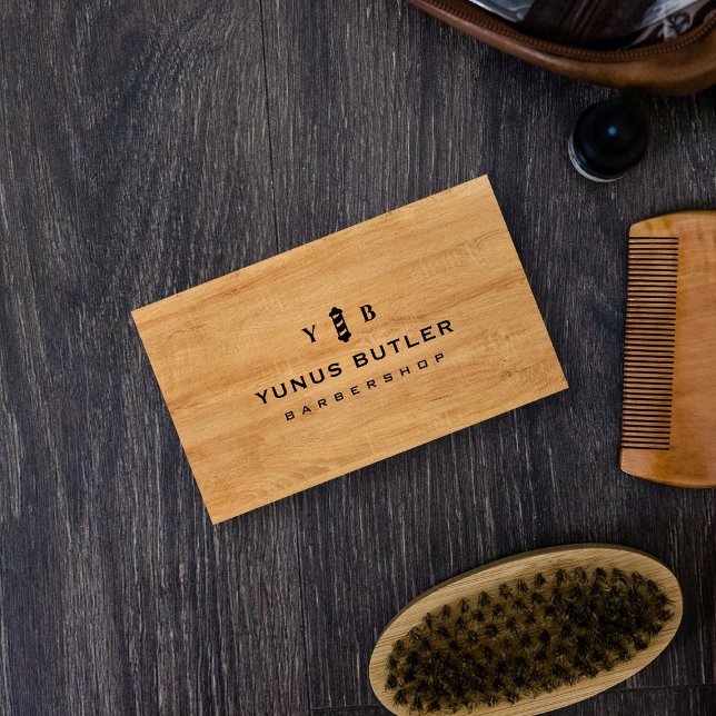 Barbershop Monogram Parber Pool Rustic Wood Business Card (Creator Uploaded)