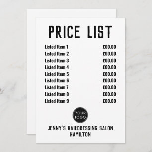 Barbershop or Hairdresser Price List Card