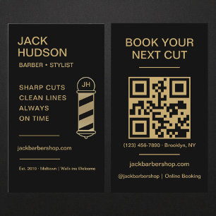 Barbershop QR Code Black Gold Barber Haircut  Business Card