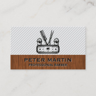 Barbershop Tools Emblem Wood Trim Business Card