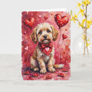 Barbet Valentine Dog Sitting with Hearts Red Card