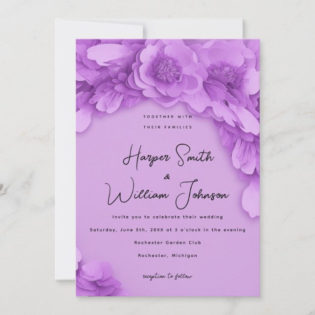barbie-inspired purple 3d floral wedding invitation (Front)