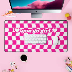 Barbiecore Hot Pink White Wavy Checkerboard Slogan Desk Mat