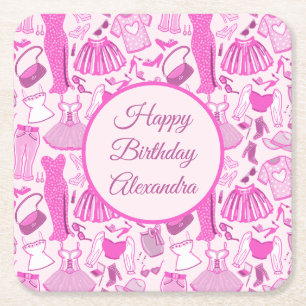 Barbiecore Pink and Hot Pink Fashion Pattern Square Paper Coaster