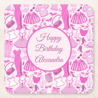 Barbiecore Pink and Hot Pink Fashion Pattern Square Paper Coaster