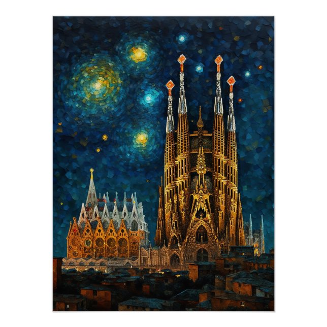 Barcelona Basilica Sagrada Família Starry Night Poster (Front)