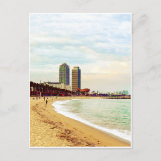 Barcelona beach on sunset postcard