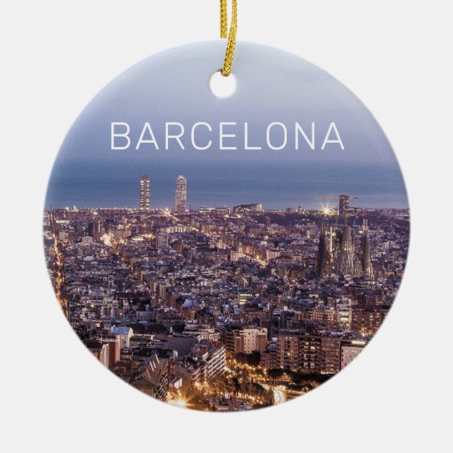 Barcelona Catalonia Sunset Skyline Spain Cityscape Ceramic Ornament (Front)