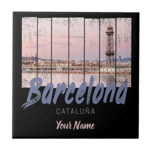 Barcelona Catalonia sunset Skyline Spain vintage Ceramic Tile