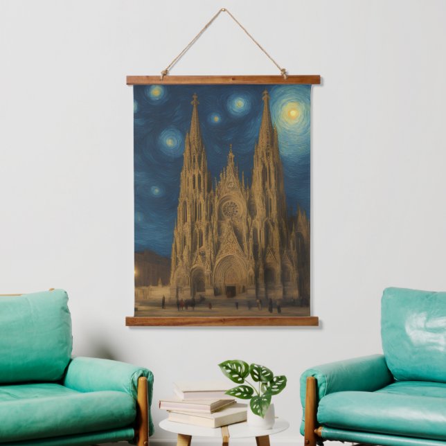 Barcelona Cathedral at Night van Gogh Style  Hanging Tapestry (Living Room)