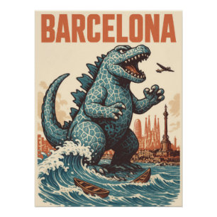 Barcelona City Monster Attack Art Print - Kaiju
