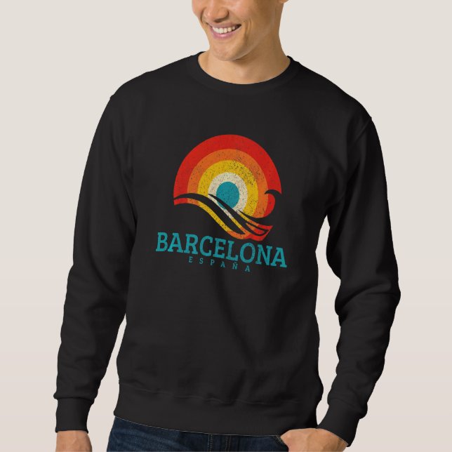 Barcelona Espana Spain Vintage Wave Surfer Surfing Sweatshirt (Front)