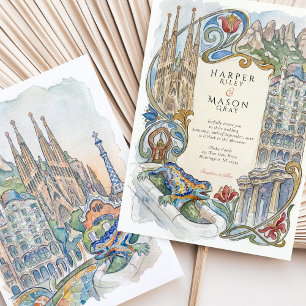 Barcelona Gaudí Landmarks Watercolor Wedding Invitation