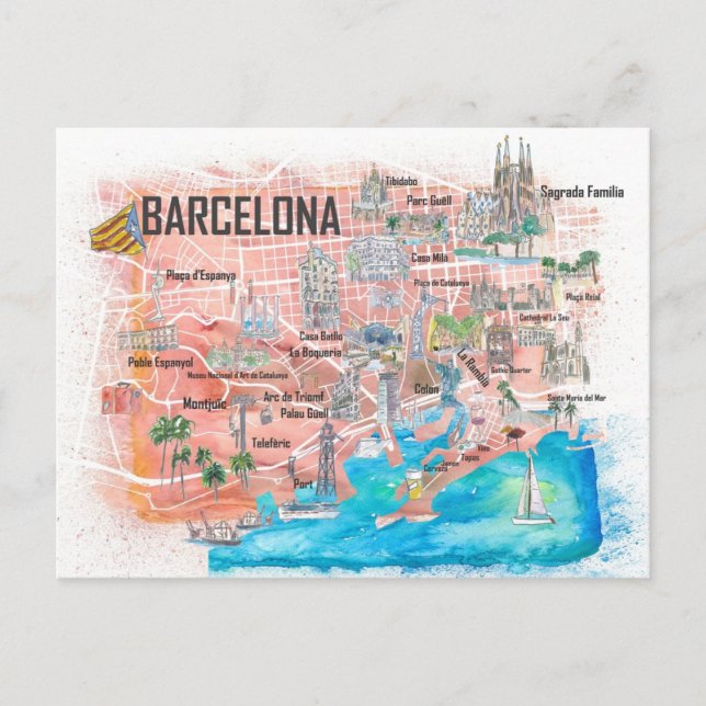 Barcelona Illustrated Travel Map with Main Roads Postcard (Front)