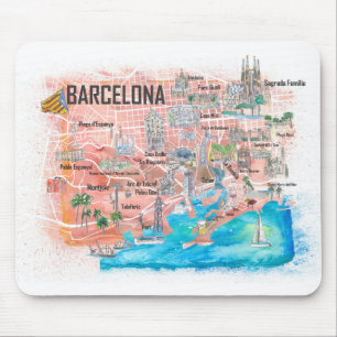 Barcelona Illustrated Travel Map with Roads Mouse Pad