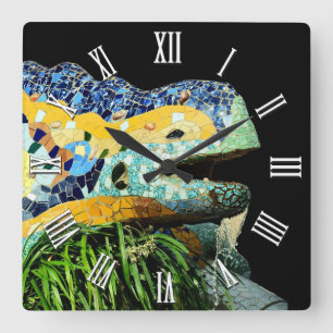 Barcelona Lizard Clock, Art, Park Guell, Catalonia Square Wall Clock