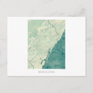 Barcelona Map Blue Vintage Watercolor Postcard