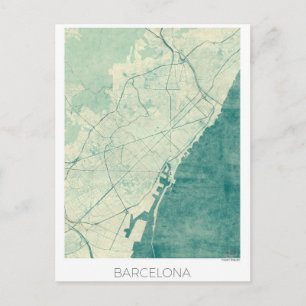 Barcelona Map Blue Vintage Watercolor Postcard