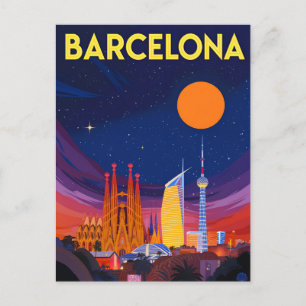 Barcelona Night Skyline Sagrada Familia Postcard