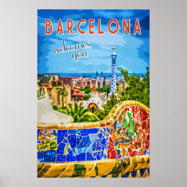 Barcelona Park Güell Bench Vintage Travel  Poster (Front)