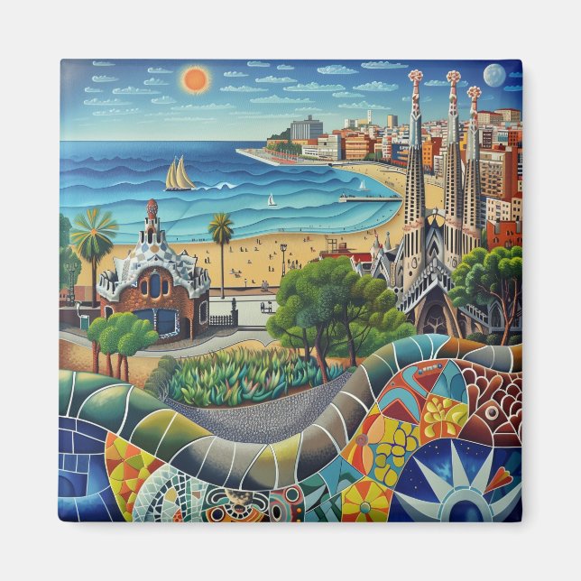Barcelona, Park Guell, Sagrada Familia, Imán, Souv Magnet (Front)