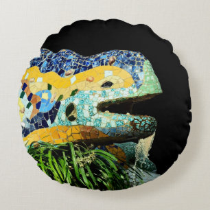 Barcelona Pillow, Spain, Art, Lizard Fountain Round Cushion
